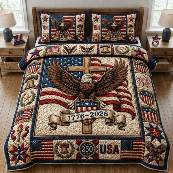 Bald Eagle With US Flag quilted 3-piece bedding set on a made bed in a warmly lit bedroom