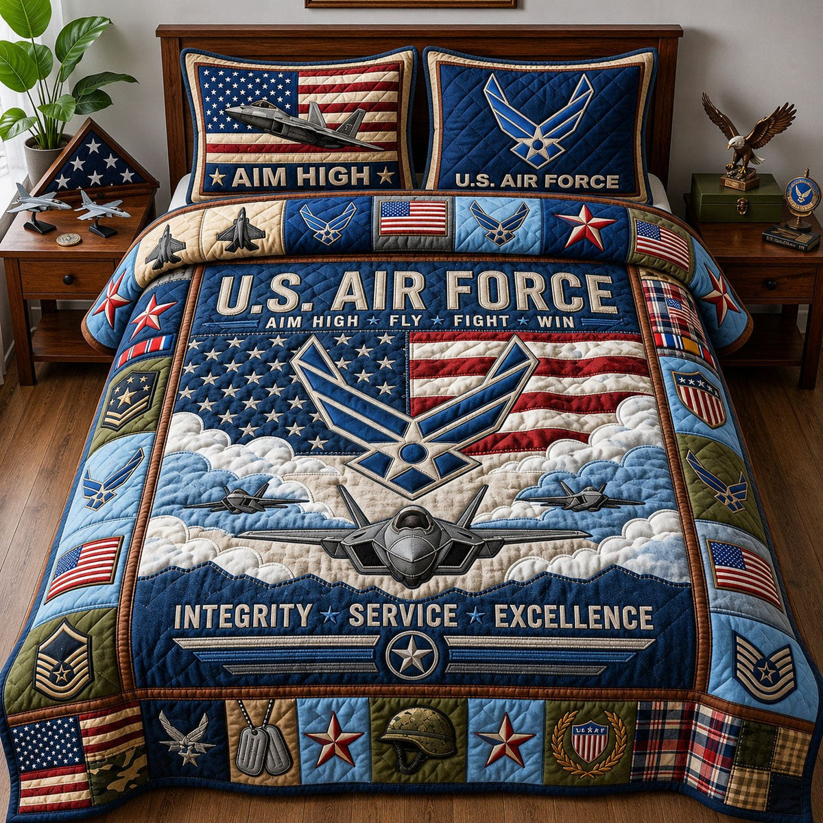 Air Force Veteran 3-Piece Quilted Bedding Set - Design 1 — quilt and two matching pillow shams
