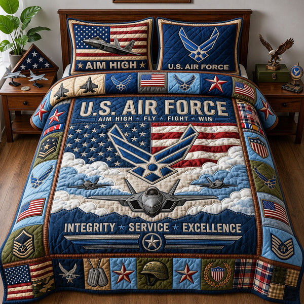 Air Force Veteran quilted 3-piece bedding set on a made bed in a warmly lit bedroom