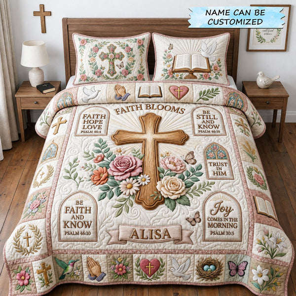 Christian Faith 3-Piece Quilted Bedding Set QTCUZ quilted 3-piece bedding set on a made bed in a softly lit bedroom