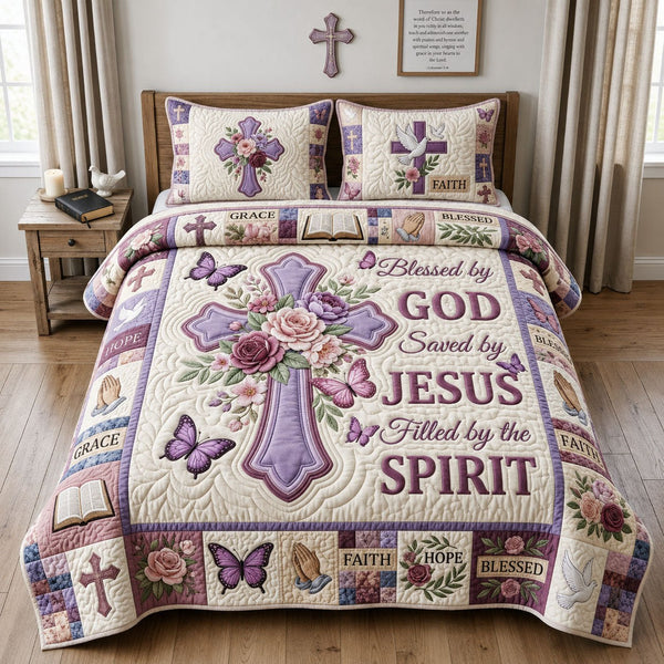 Blessed By God quilted 3-piece bedding set on a made bed in a softly lit bedroom
