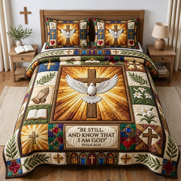 Be Still quilted 3-piece bedding set on a made bed with two matching pillow shams