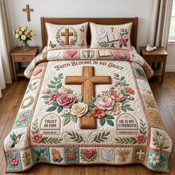 Faith Blooms In His Grace 3-Piece Quilted Bedding Set — quilt and two matching pillow shams