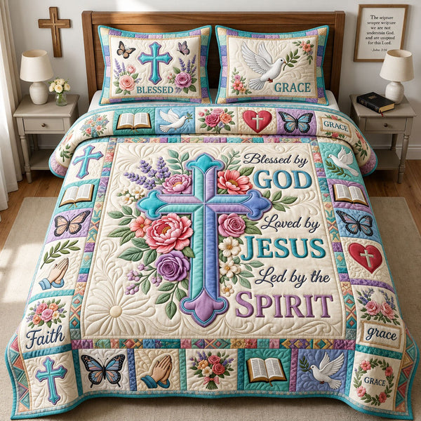 Blessed By God quilted 3-piece bedding set on a made bed in a softly lit bedroom