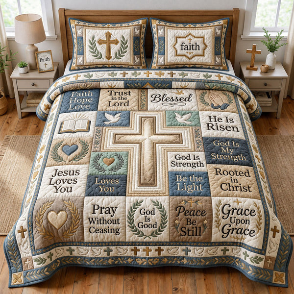 Christian Cross quilted 3-piece bedding set on a made bed in a softly lit bedroom