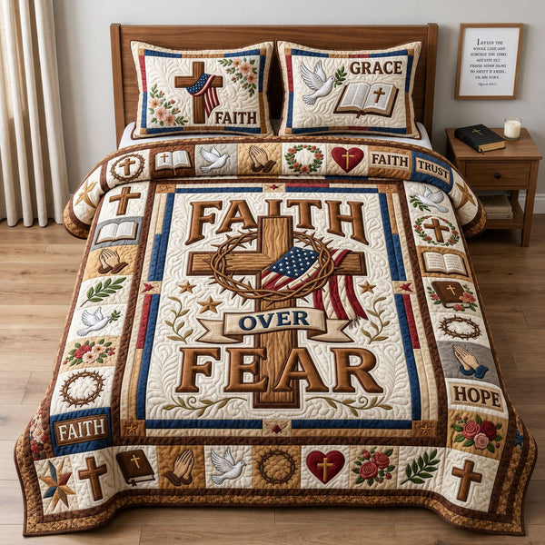 Faith Over Fear quilted 3-piece bedding set on a made bed in a softly lit bedroom