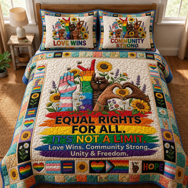 Equal Right For All quilted 3-piece bedding set on a made bed with two matching pillow shams