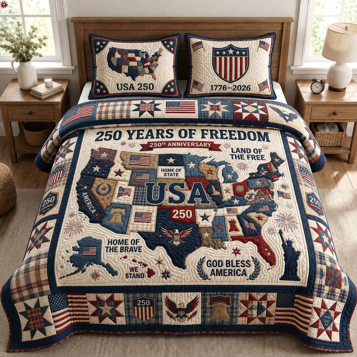 250 Years Of Freedom 3-Piece Quilted Bedding Set - Design 3 — quilt and two matching pillow shams