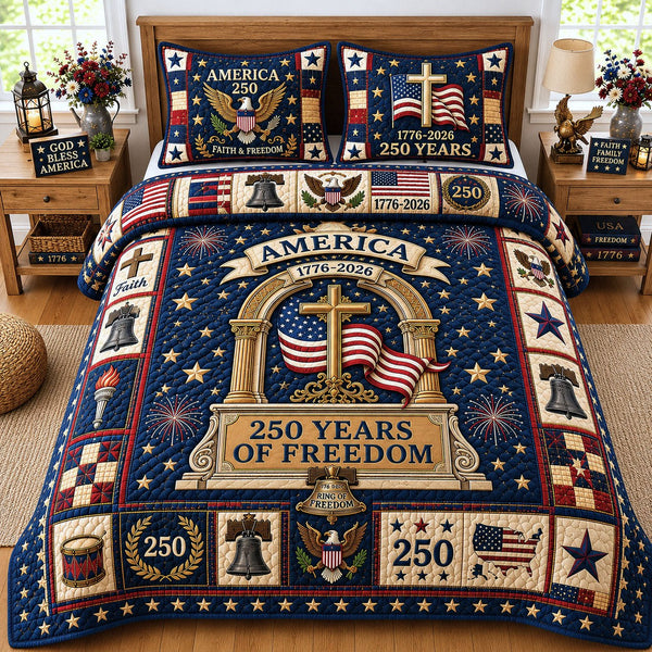 America 250th Birthday quilted 3-piece bedding set on a made bed in a warmly lit bedroom