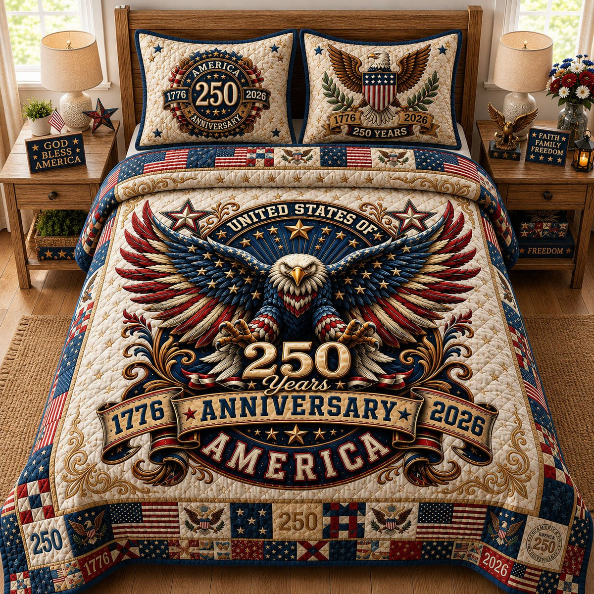 250th Anniversary of US 3-Piece Quilted Bedding Set — quilt and two matching pillow shams