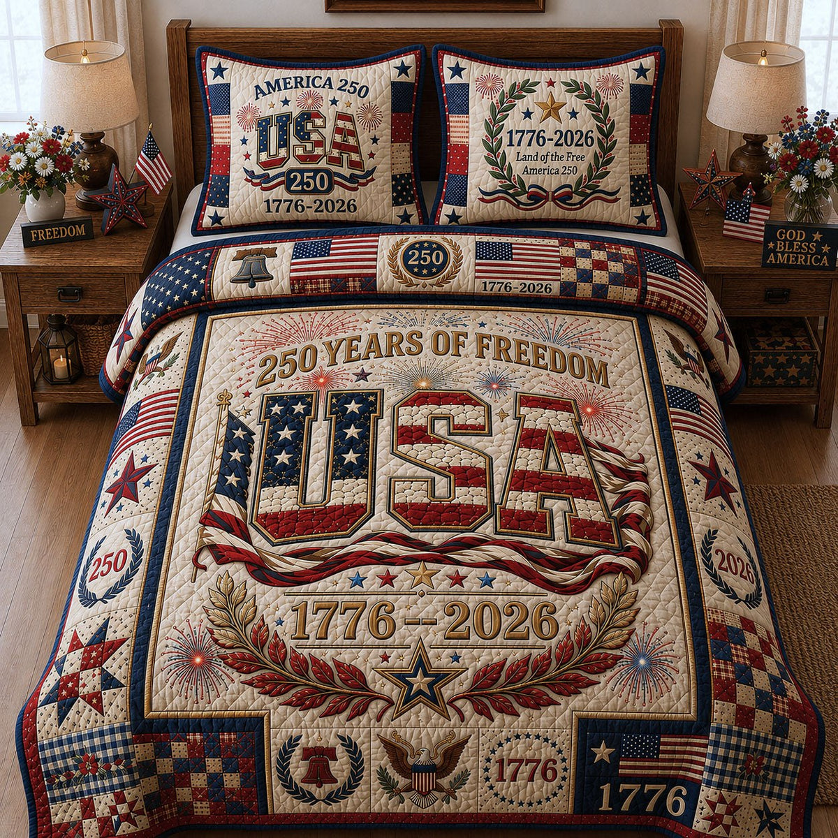 250 Years Of Freedom 3-Piece Quilted Bedding Set - Design 4 — quilt and two matching pillow shams