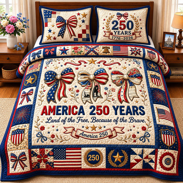 America Free Brave quilted 3-piece bedding set on a made bed in a warmly lit bedroom