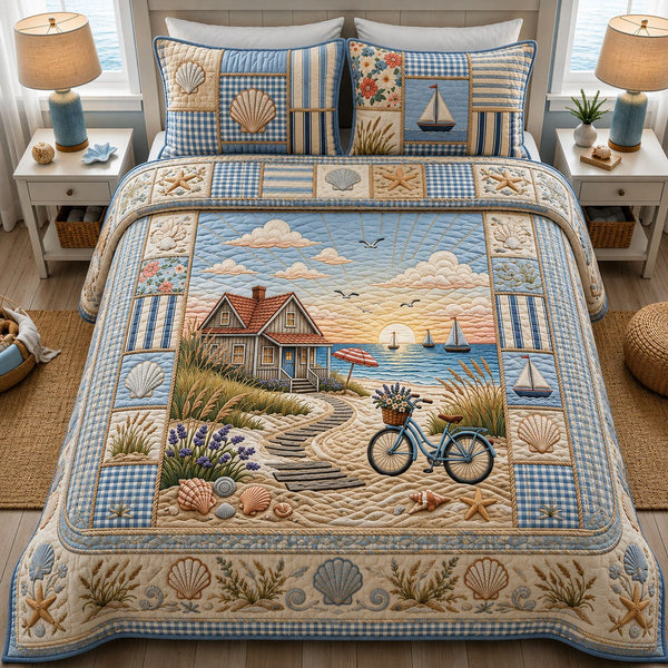 Coastal Summer Seaside 3-Piece Quilted Bedding Set - Design 1 — quilt and two matching pillow shams