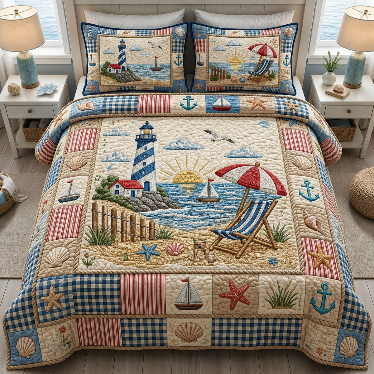 Coastal Summer Seaside 3-Piece Quilted Bedding Set - Design 2 — quilt and two matching pillow shams
