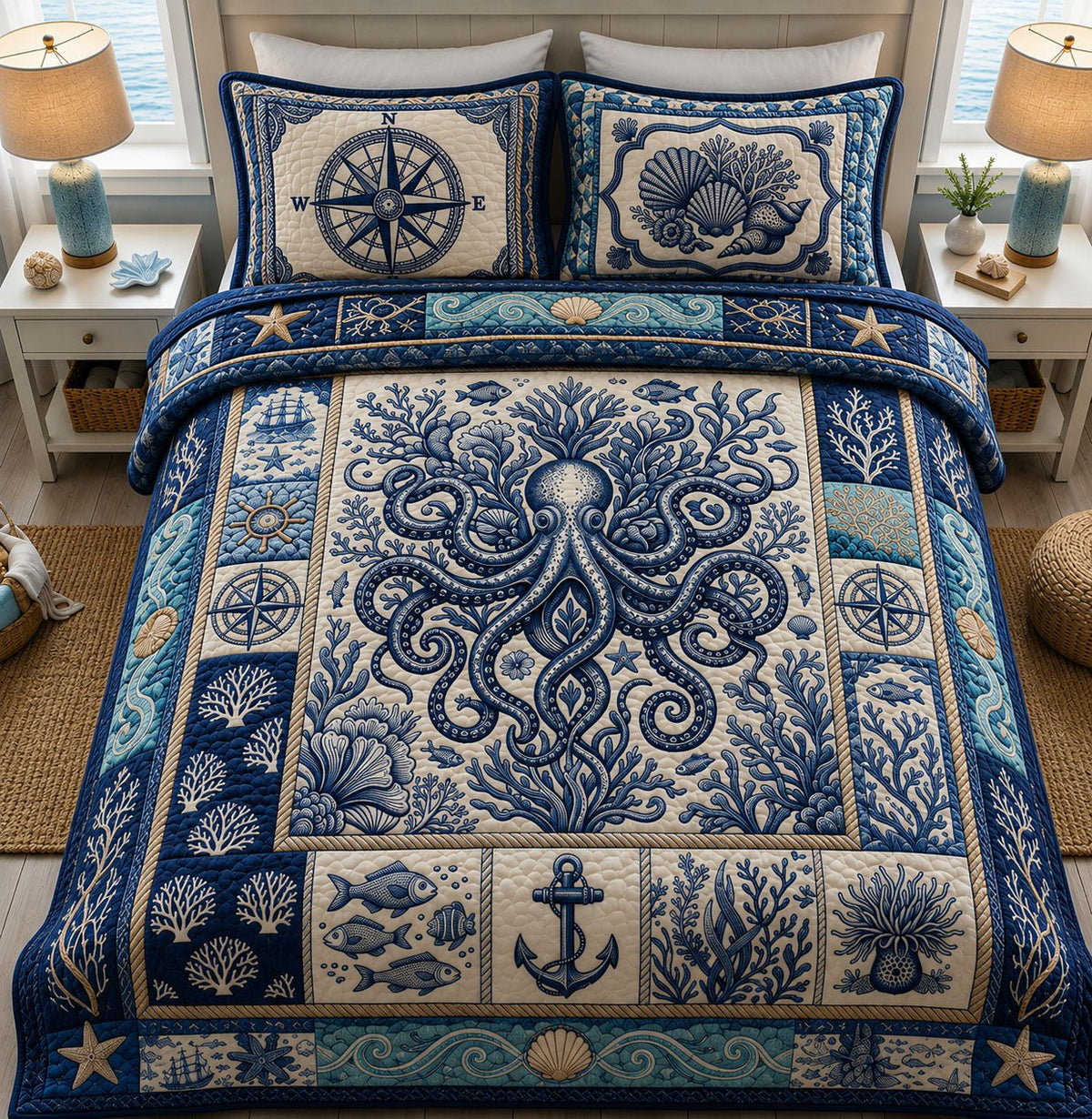Blue Octopus Ocean 3-Piece Quilted Bedding Set — quilt and two matching pillow shams