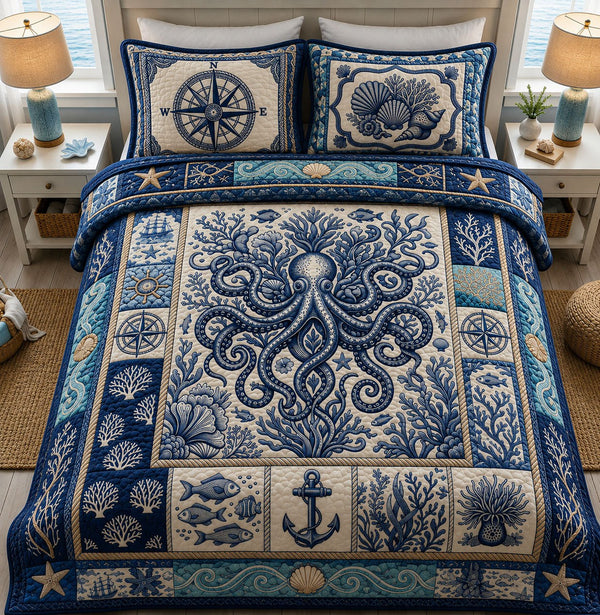 Blue Octopus Ocean quilted 3-piece bedding set on a made bed in a light coastal bedroom