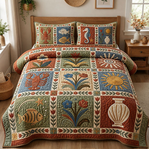 Coastal Summer Mediterranean 3-Piece Quilted Bedding Set — quilt and two matching pillow shams
