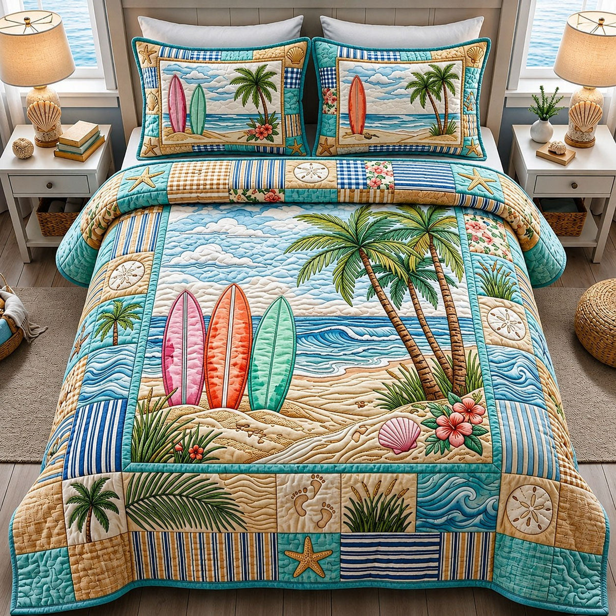 Coastal Summer Life 3-Piece Quilted Bedding Set - Design 2 — quilt and two matching pillow shams