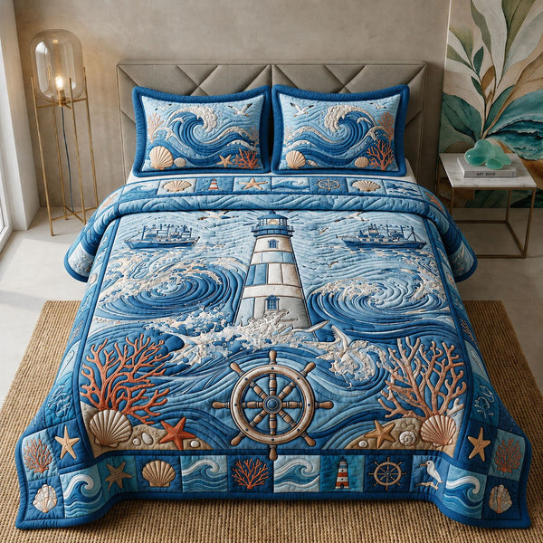 Beacon Of Hope quilted 3-piece bedding set on a made bed with two matching pillow shams