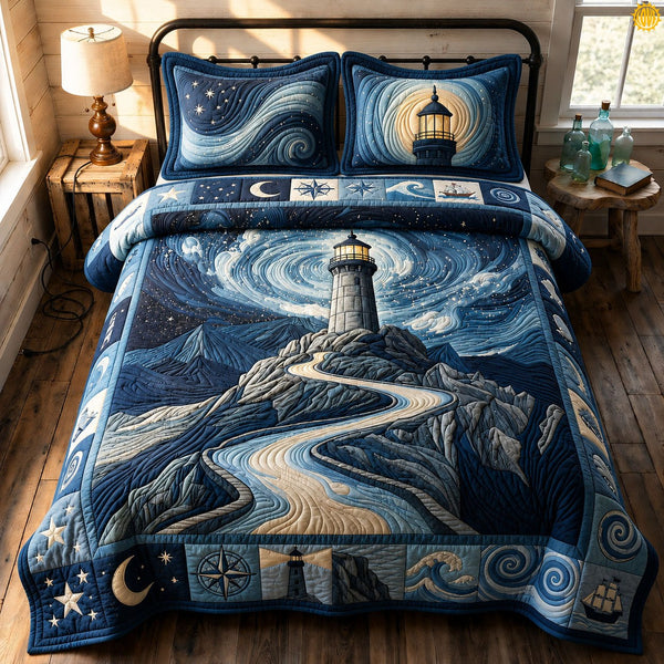 Beacon Of Hope quilted 3-piece bedding set on a made bed with two matching pillow shams