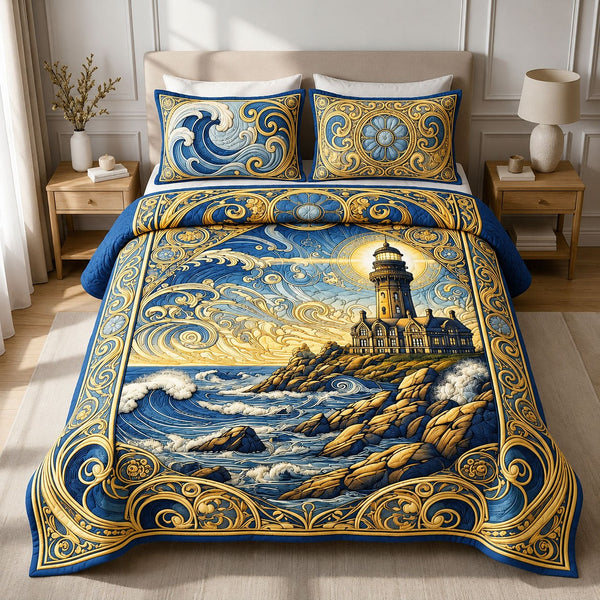 Beacon Of Hope quilted 3-piece bedding set on a made bed with two matching pillow shams