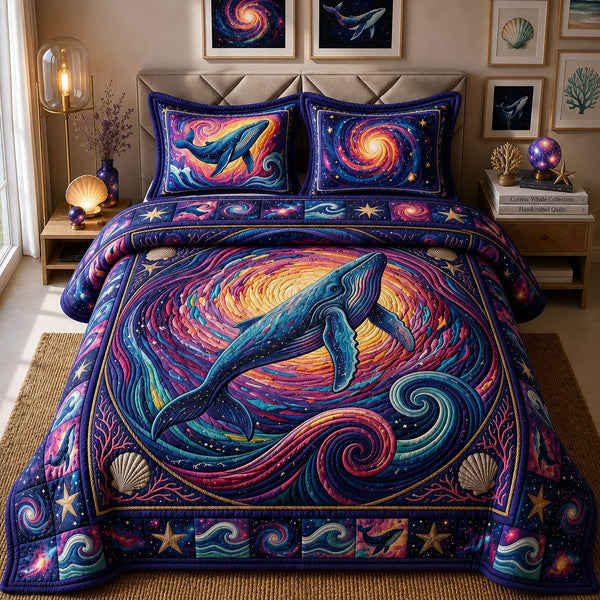 Colorful Whale 3-Piece Quilted Bedding Set — quilt and two matching pillow shams