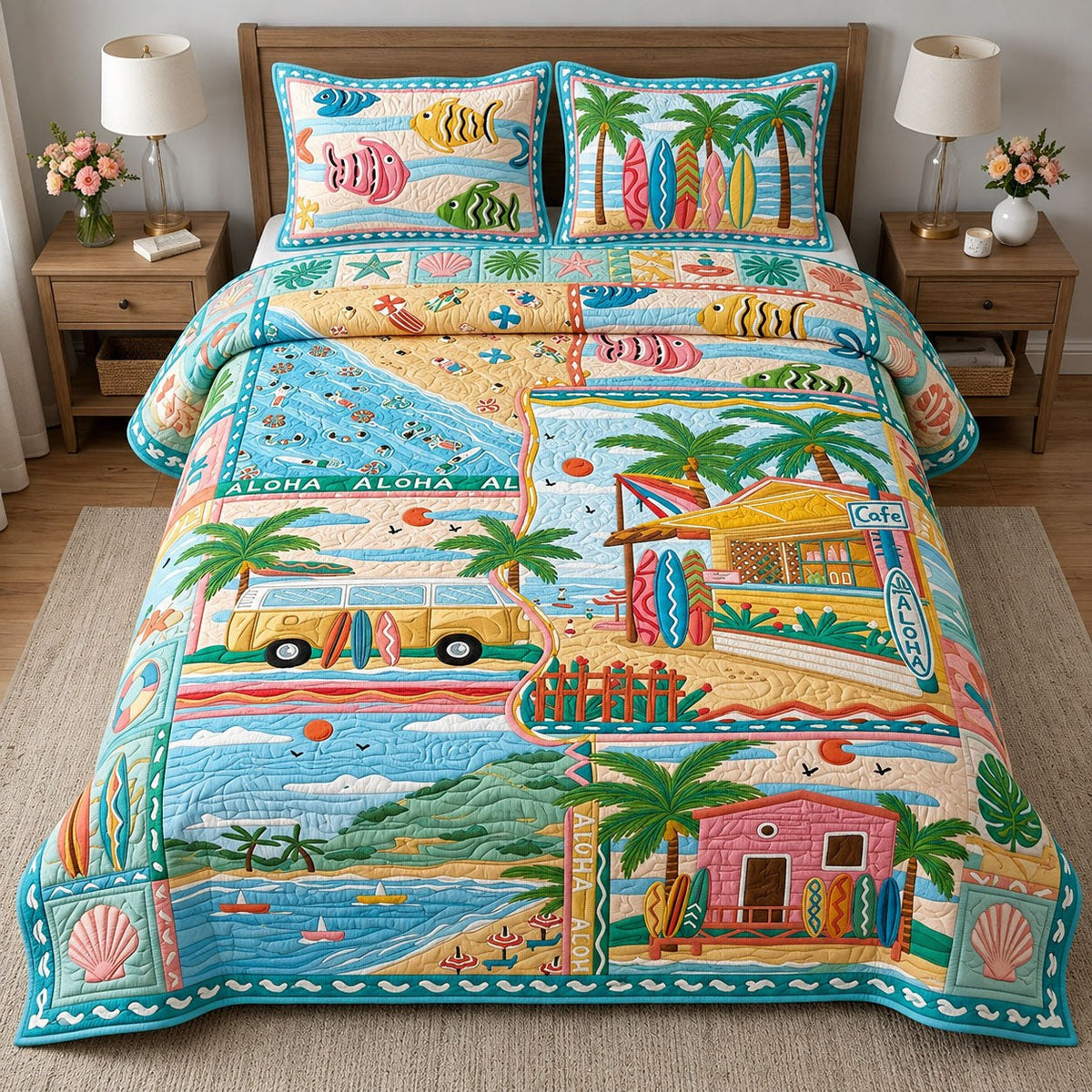 Beach Vacation 3-Piece Quilted Bedding Set - Design 1 — quilt and two matching pillow shams