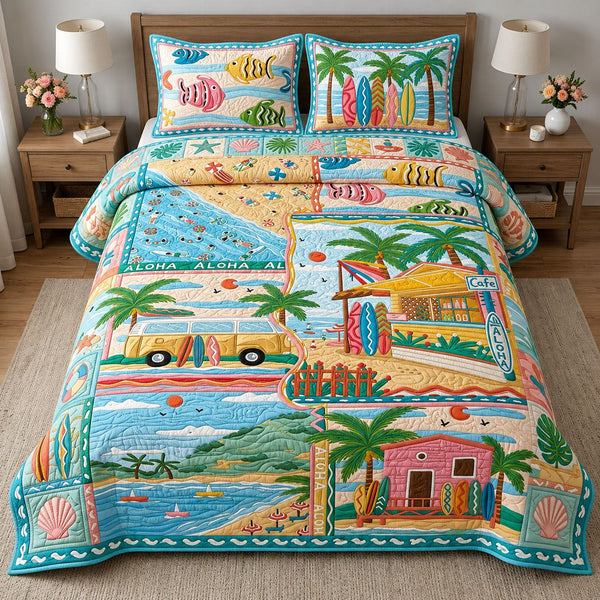 Beach Vacation quilted 3-piece bedding set on a made bed in a light coastal bedroom