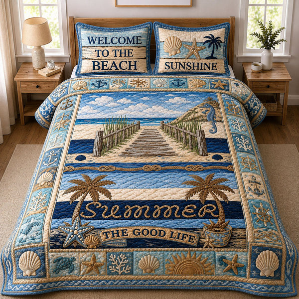 Beach Vacation quilted 3-piece bedding set on a made bed in a light coastal bedroom