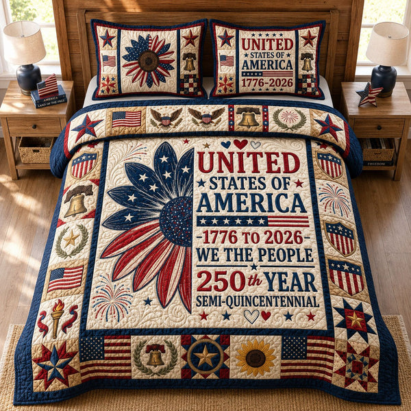 America 250th Anniversary Sunflower quilted 3-piece bedding set on a made bed in a warmly lit bedroom