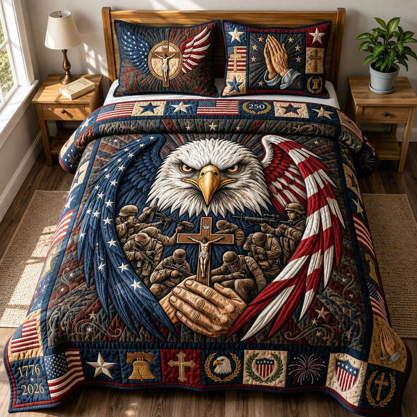 America 250 Pride quilted 3-piece bedding set on a made bed in a warmly lit bedroom
