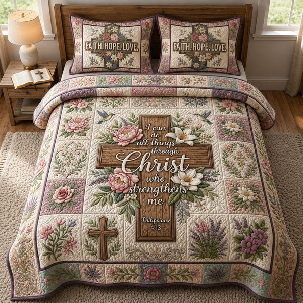 Christian Faith quilted 3-piece bedding set on a made bed in a softly lit bedroom