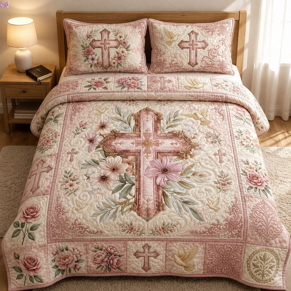 Faith And Floral quilted 3-piece bedding set on a made bed in a softly lit bedroom