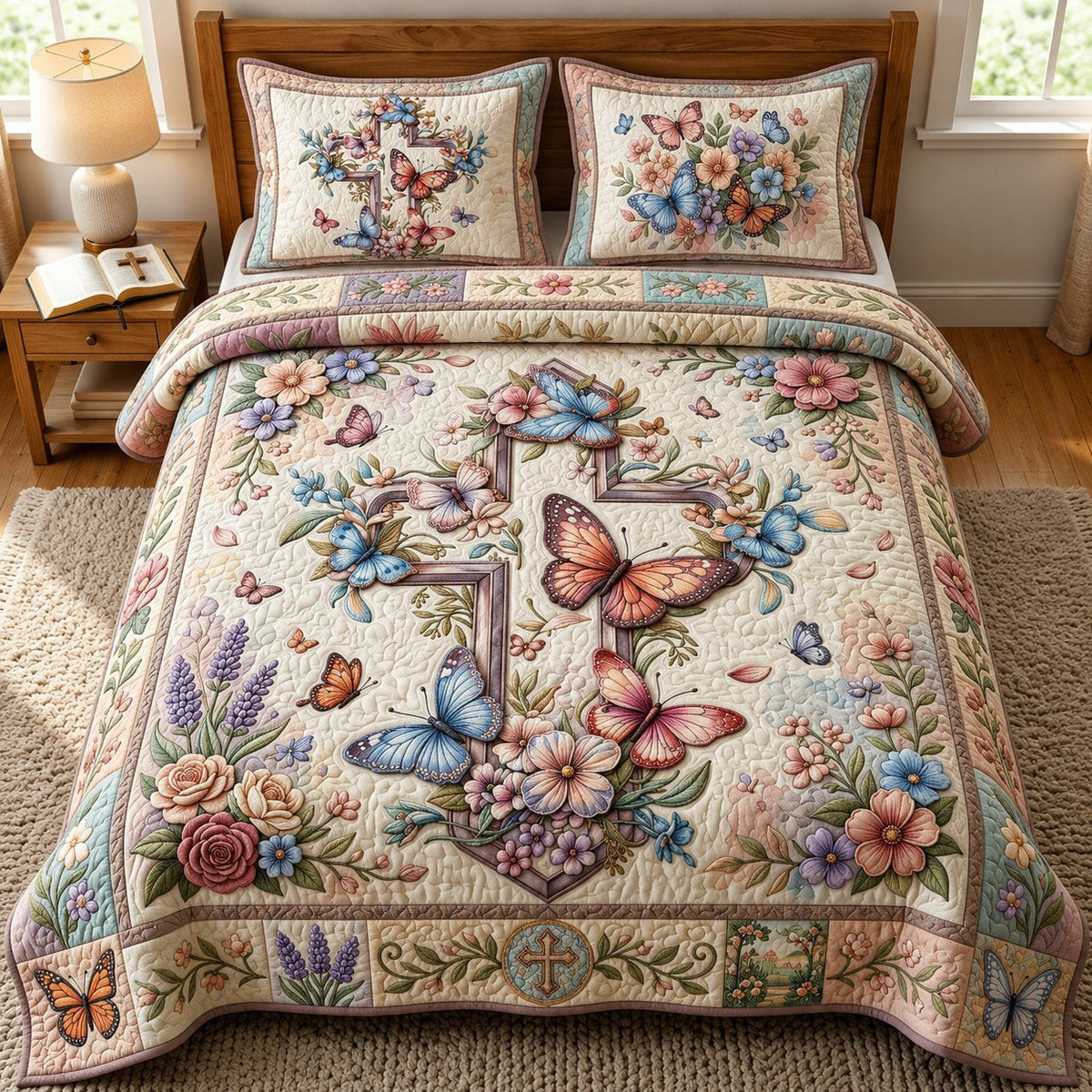 Faith And Butterfly 3-Piece Quilted Bedding Set — quilt and two matching pillow shams
