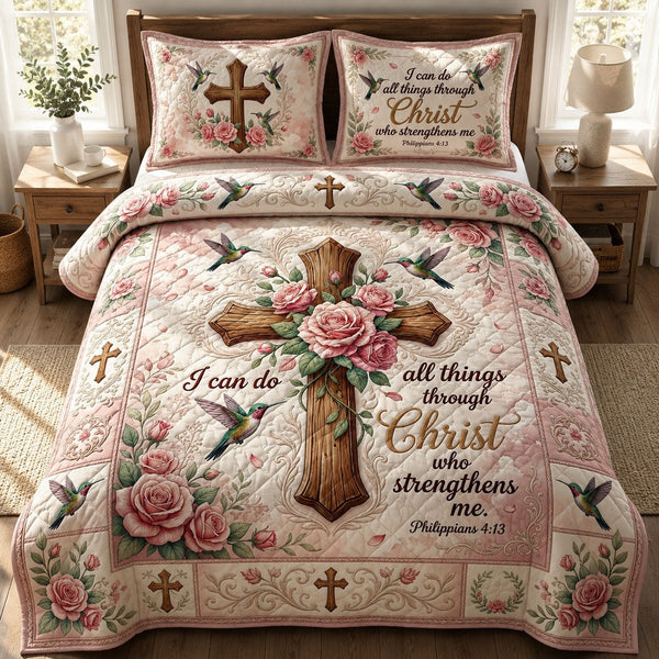 Christian Faith quilted 3-piece bedding set on a made bed in a softly lit bedroom