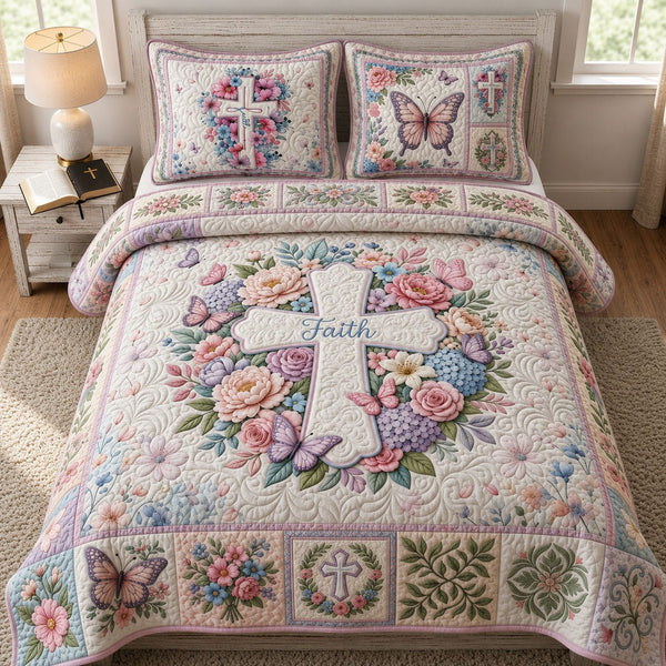 Christian Faith quilted 3-piece bedding set on a made bed in a softly lit bedroom