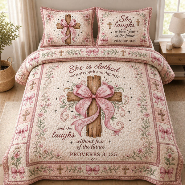 Christian Faith quilted 3-piece bedding set on a made bed in a softly lit bedroom