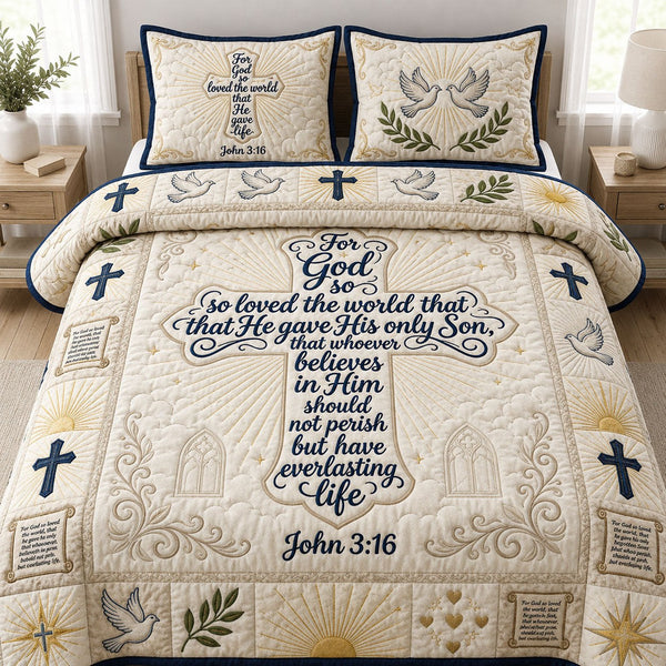 Christian Faith quilted 3-piece bedding set on a made bed in a softly lit bedroom