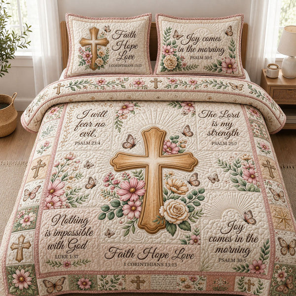 Christian Faith quilted 3-piece bedding set on a made bed in a softly lit bedroom