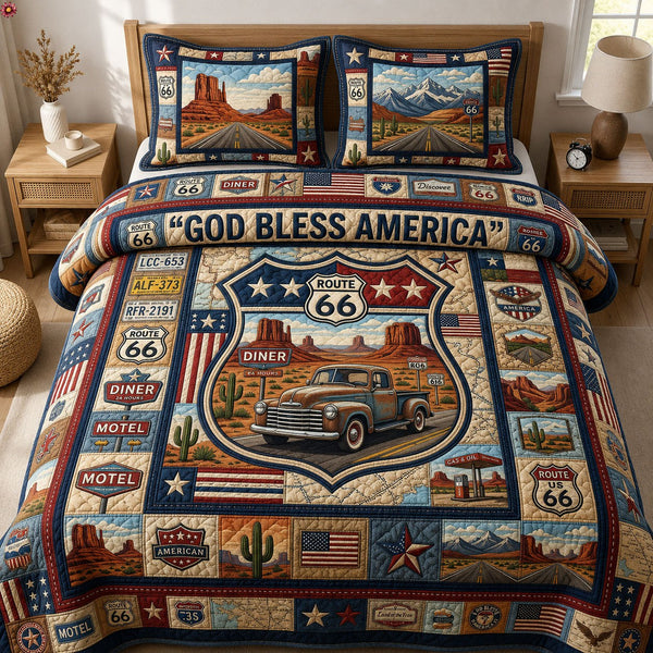 American Road Trip quilted 3-piece bedding set on a made bed in a warmly lit bedroom