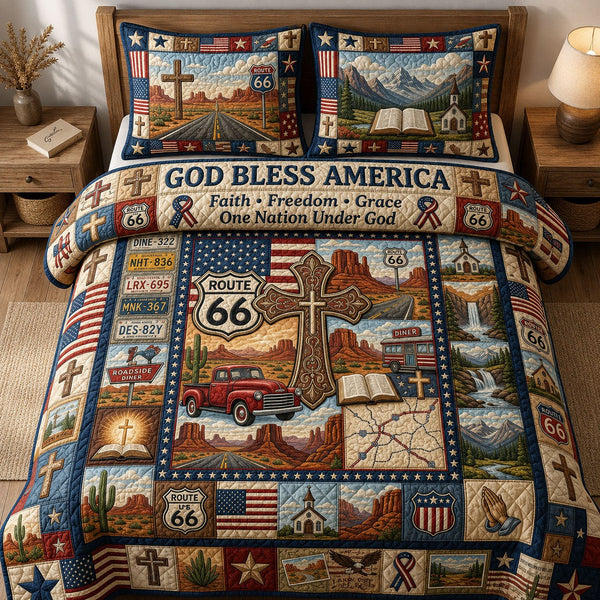 American Road Trip quilted 3-piece bedding set on a made bed in a warmly lit bedroom