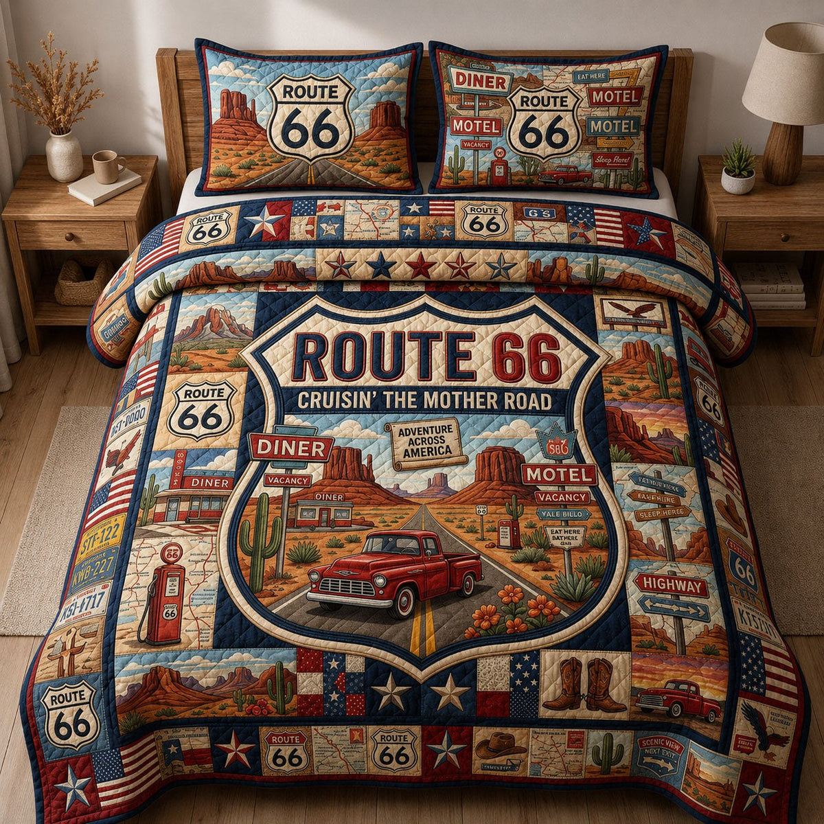 Cruising The Mother Road 3-Piece Quilted Bedding Set - Design 1 — quilt and two matching pillow shams