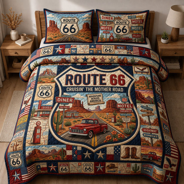 Cruising The Mother Road quilted 3-piece bedding set on a made bed with two matching pillow shams