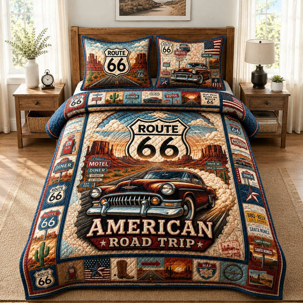 American Road Trip quilted 3-piece bedding set on a made bed in a warmly lit bedroom