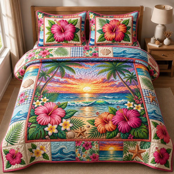 Aloha Hibiscus quilted 3-piece bedding set on a made bed with two matching pillow shams