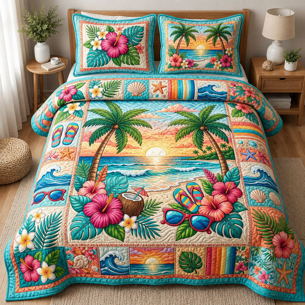 Beach Vacation Aloha quilted 3-piece bedding set on a made bed in a light coastal bedroom
