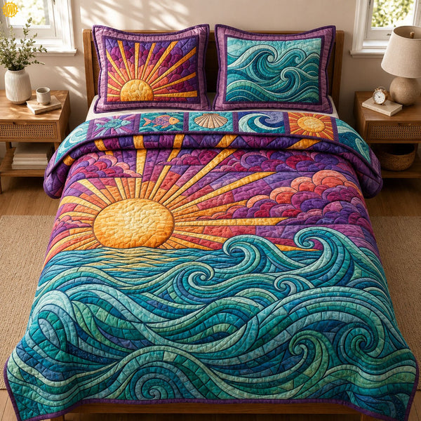 Beach Sunset quilted 3-piece bedding set on a made bed in a light coastal bedroom