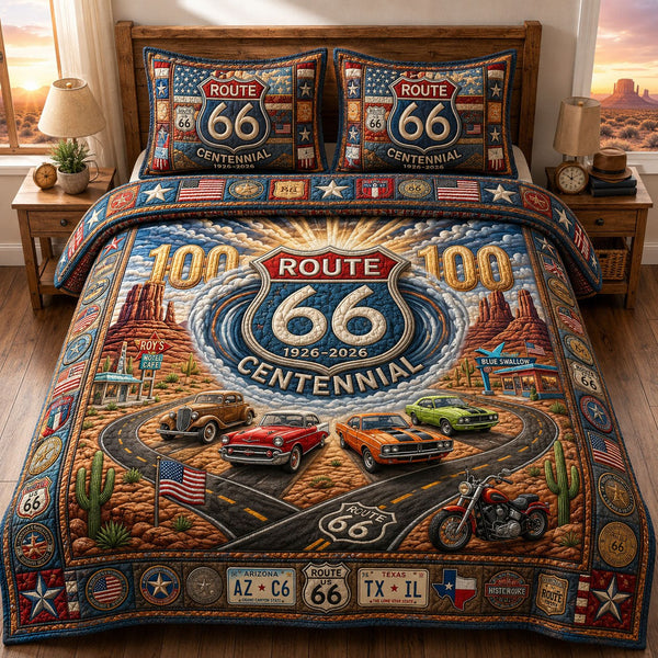 American Road Trip quilted 3-piece bedding set on a made bed in a warmly lit bedroom