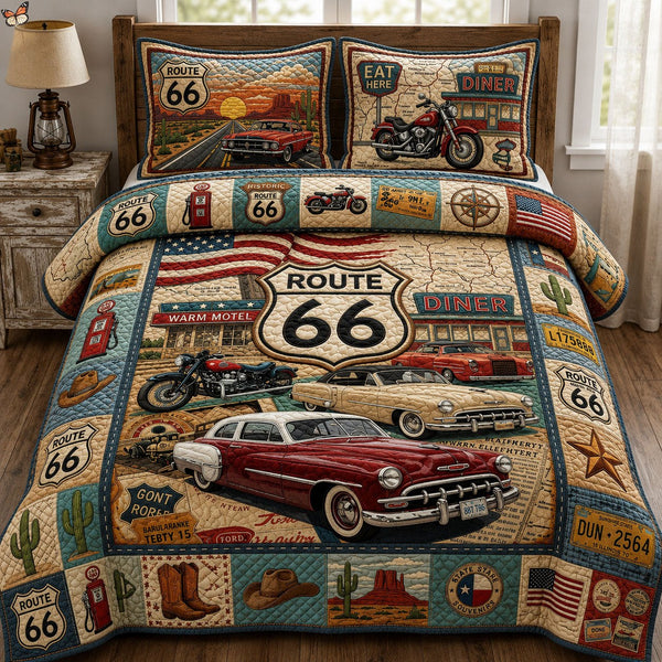 American Road Trip quilted 3-piece bedding set on a made bed in a warmly lit bedroom