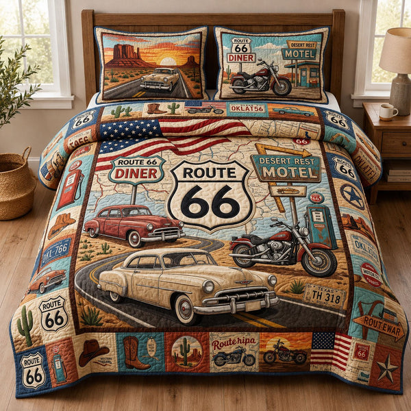 American Road Trip quilted 3-piece bedding set on a made bed in a warmly lit bedroom